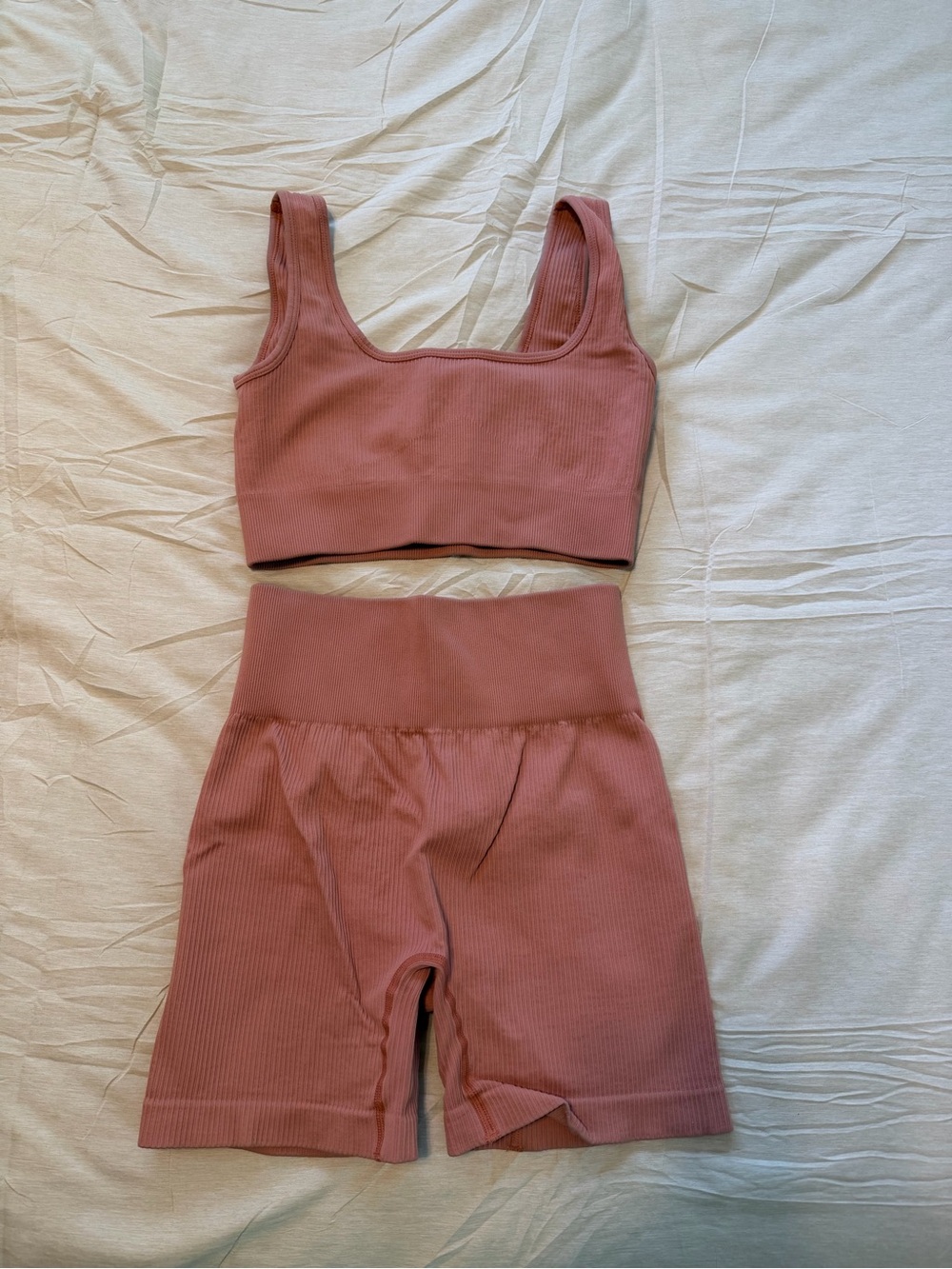 Ribbed Mauve Workout Set - Crop Tank & High-Waist Biker Shorts